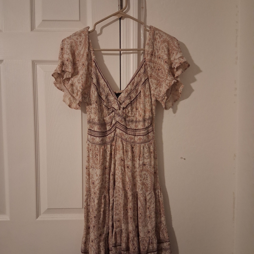 Angie Cream and Brown Paisley V-Neck Mini Dress
